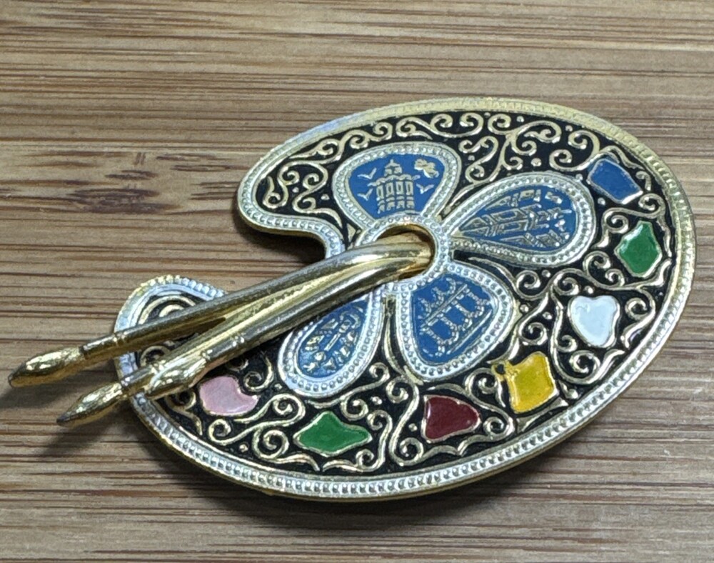 Vintage Gold Paint Palette w/Brushes Brooch Pin Damascene Spain